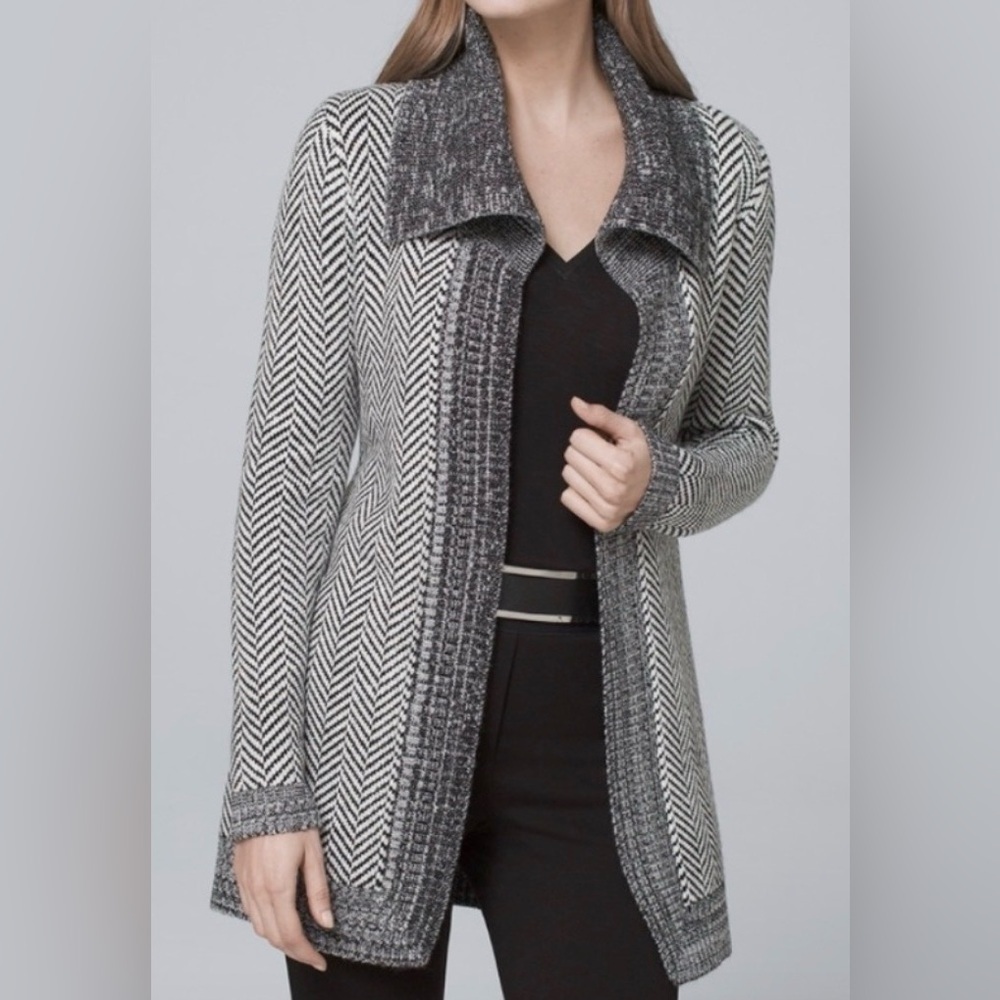 White House Black Market black & white shimmer herringbone sweater open cardigan